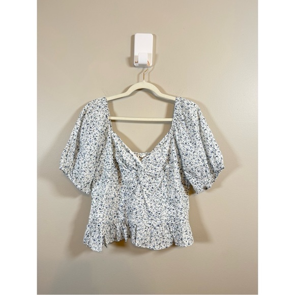 Arula • Smocked Peplum Puff Sleeve Top Cottagecore 1X Blue Floral 100% Cotton - Picture 1 of 6